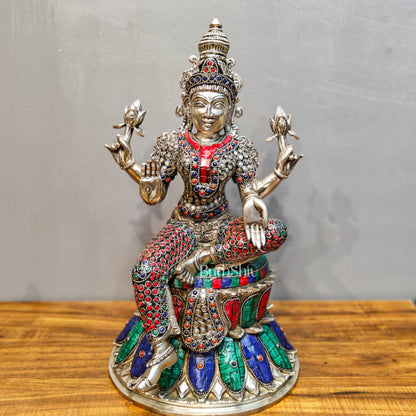Exquisite silver plated 15-Inch Brass Ganesha, Lakshmi & Saraswati Idols | Divine Trio