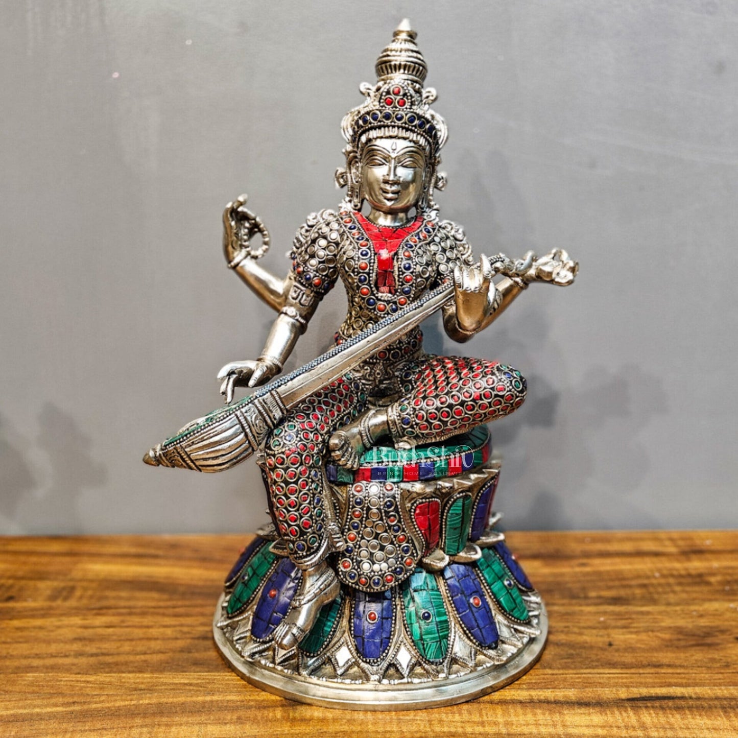 Exquisite silver plated 15-Inch Brass Ganesha, Lakshmi & Saraswati Idols | Divine Trio