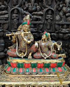Exquisite Superfine Brass Radha Krishna Statue with Cow - 14" Handcrafted