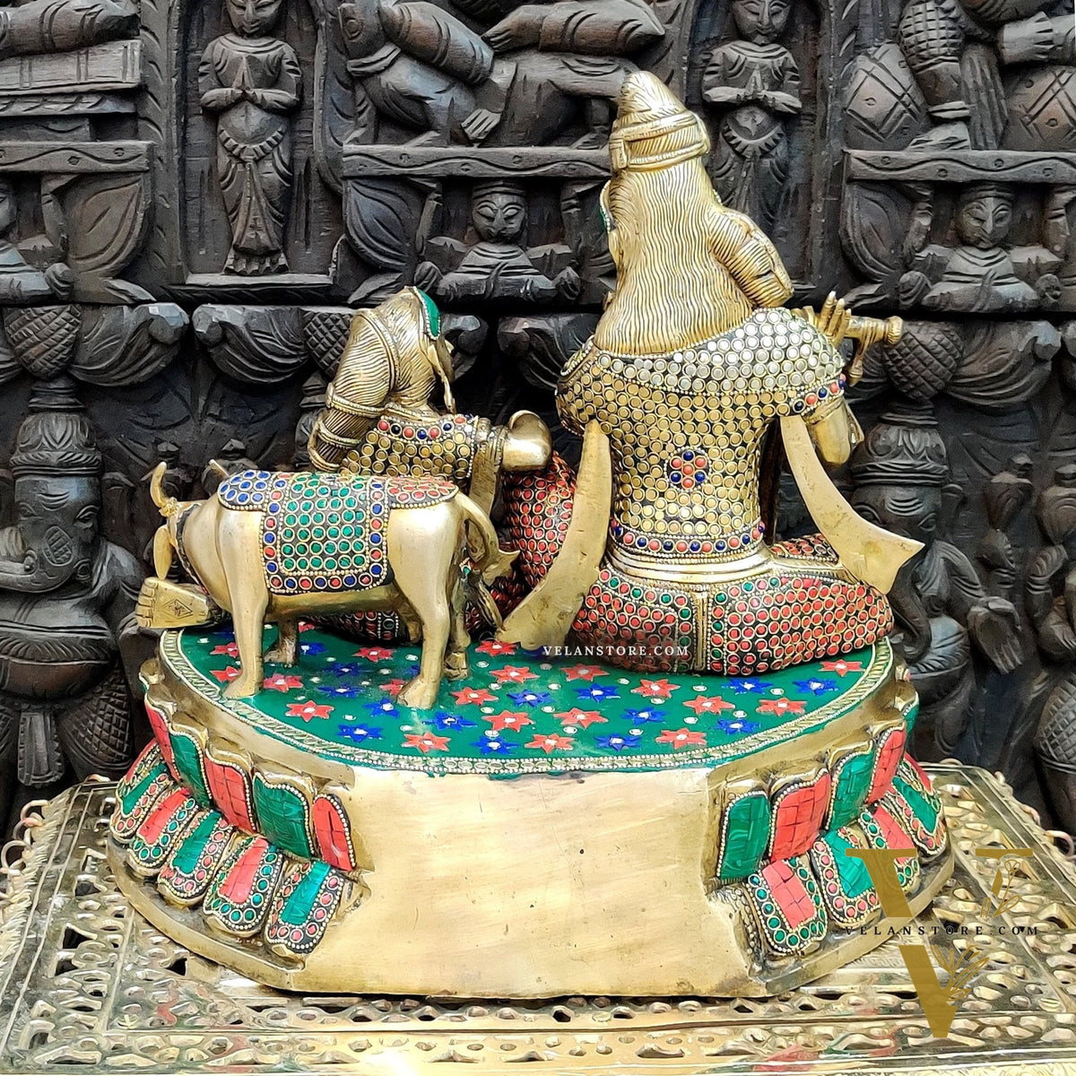 Exquisite Superfine Brass Radha Krishna Statue with Cow - 14" Handcrafted
