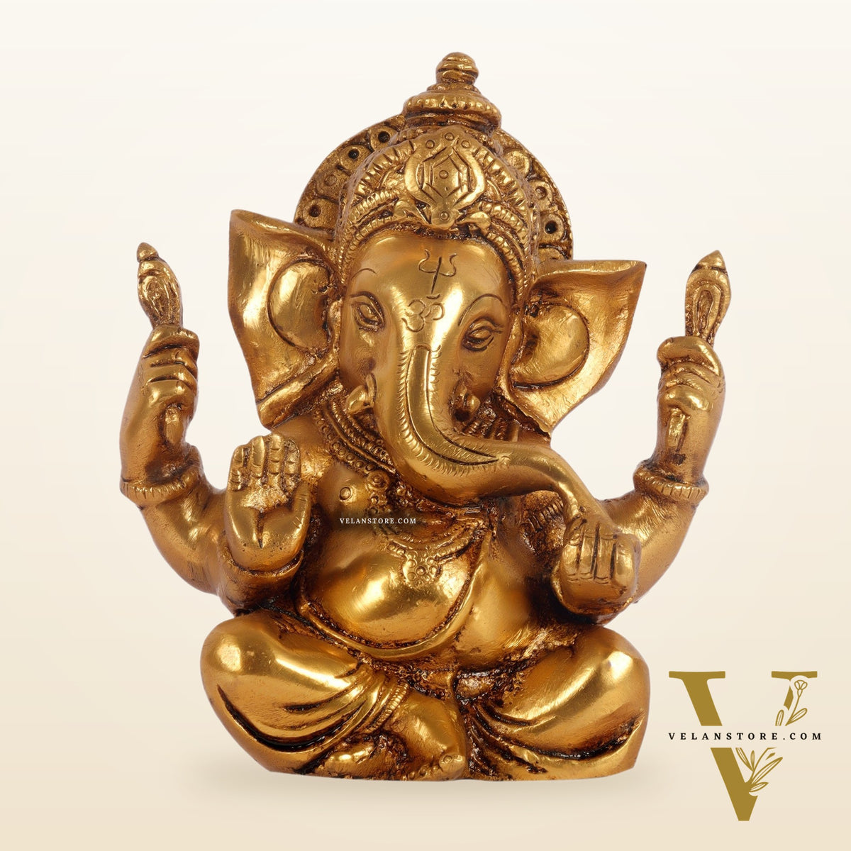 Exquisite Taj Ganesha Brass Idol with Gold finish 6"
