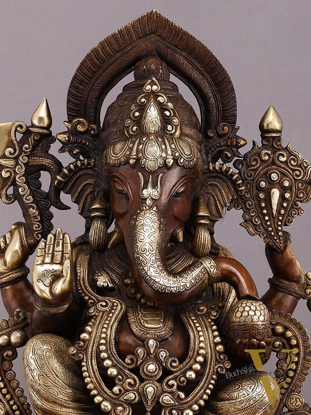 Exquisite Vintage Brown Tone Lord Ganesha Brass Statue - 23"