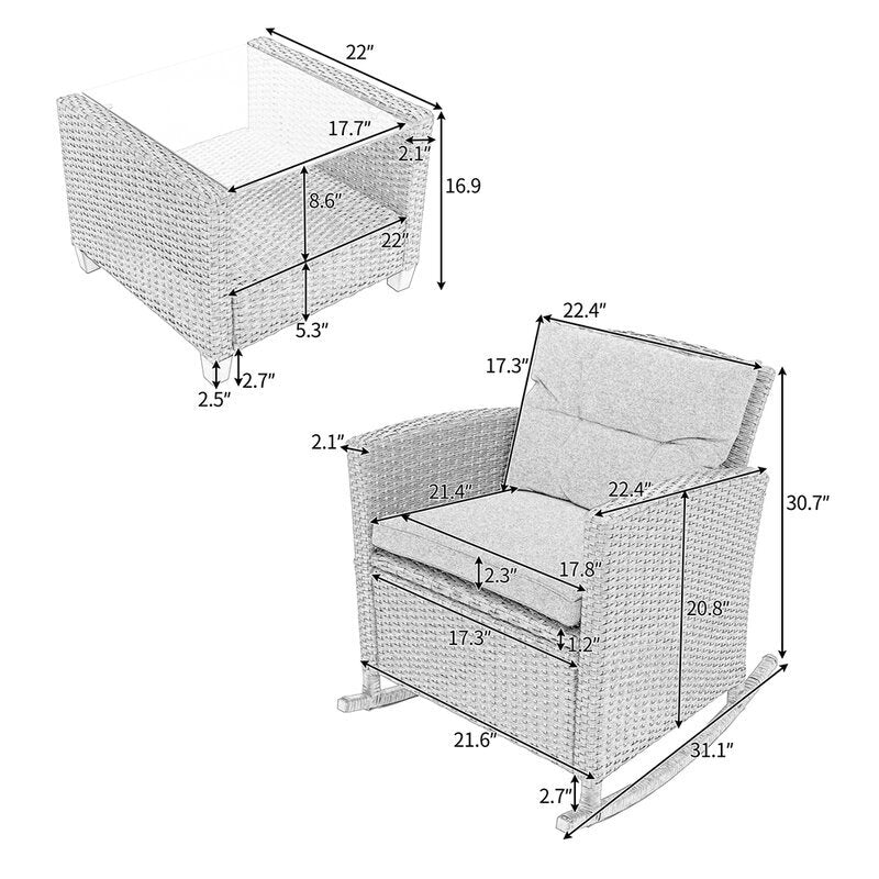 Vicy Outdoor Patio Seating Set 2 Chairs and 1 Table Set (Grey)