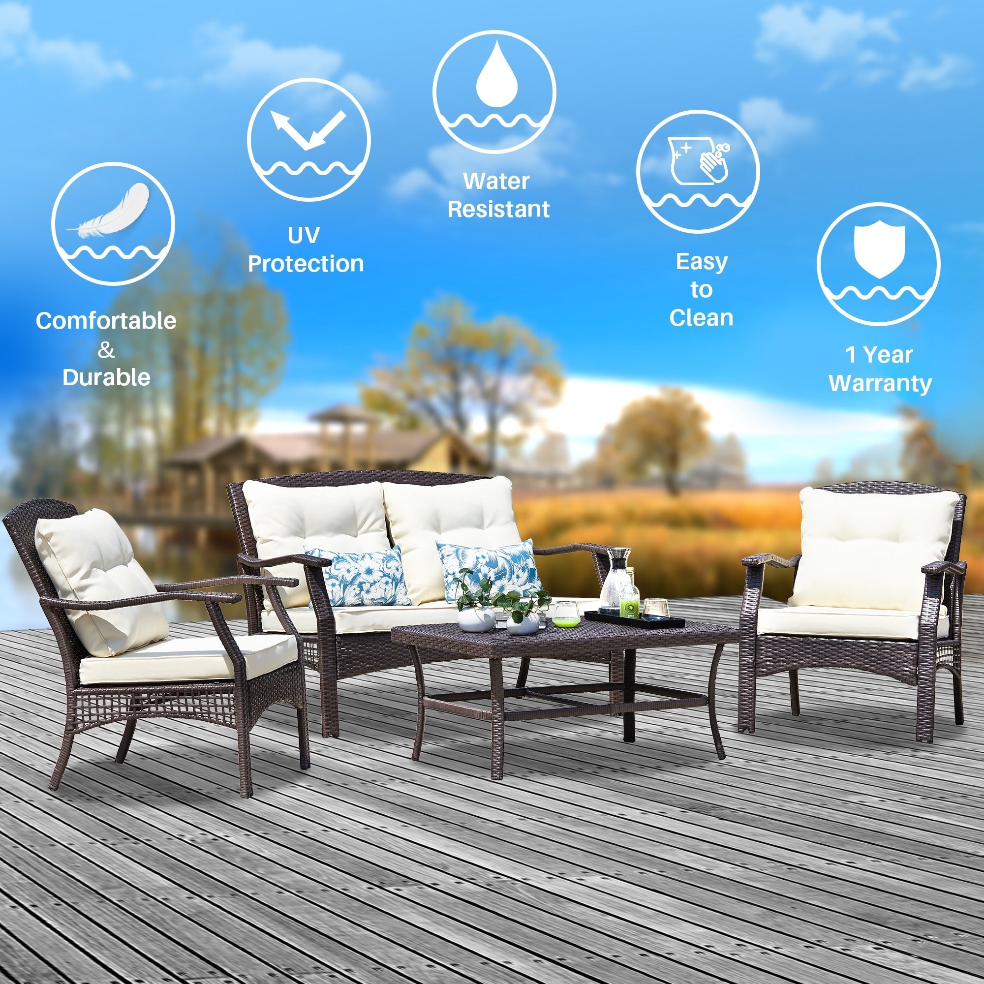 Alfonsiee Outdoor Sofa Set 2 Seater , 2 Single seater and 1 Center Table (Brown + Cream)