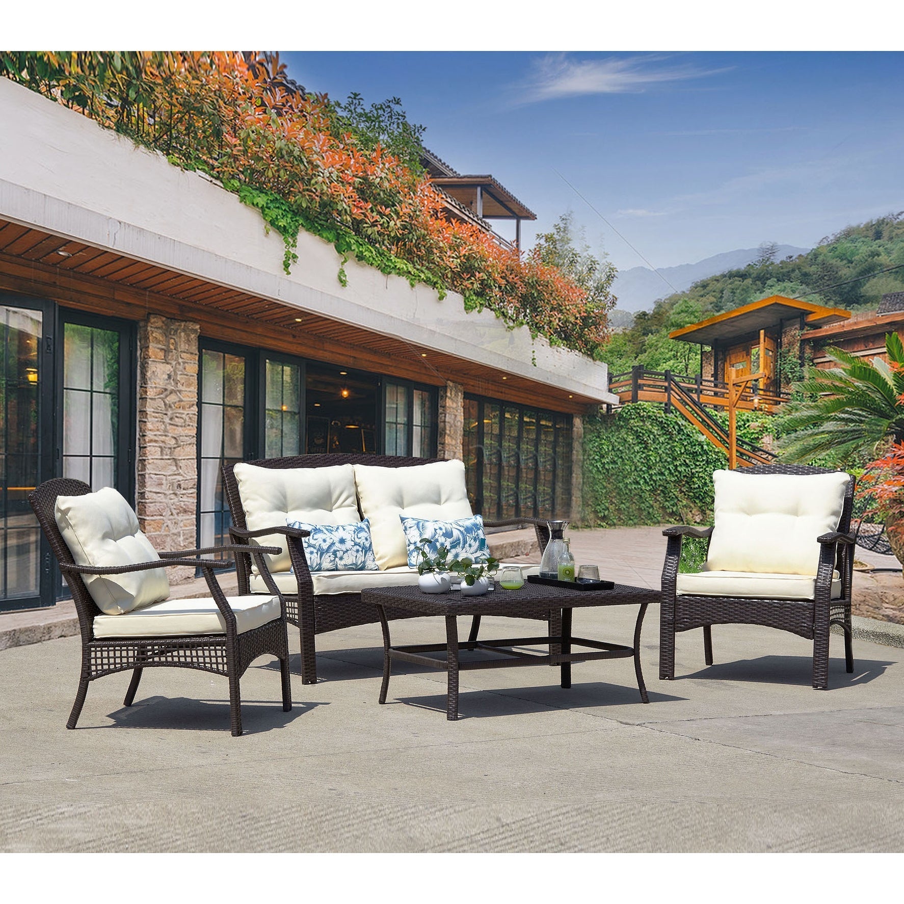 Alfonsiee Outdoor Sofa Set 2 Seater , 2 Single seater and 1 Center Table (Brown + Cream)