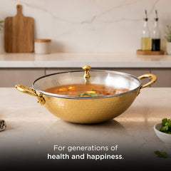 Traditional Brass Kadhai with Tin Coating and Glass Lid (Round Base) • 2.5 Litres | Total Weight w/ Lid: ~1.7 kg