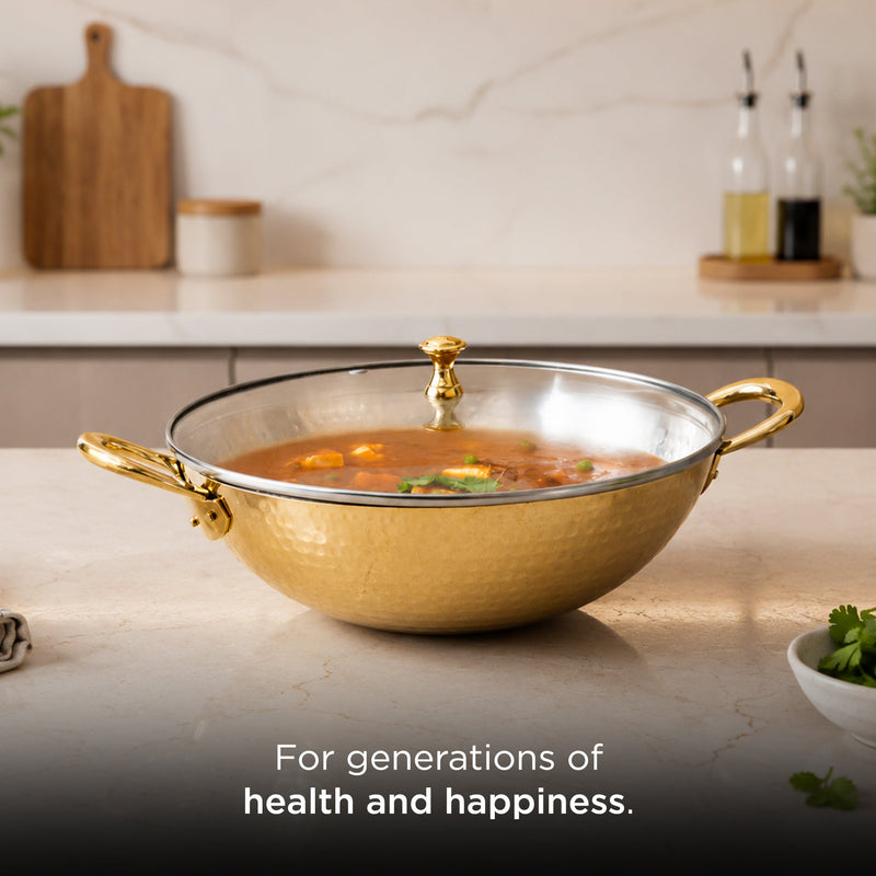 Traditional Brass Kadhai with Tin Coating and Glass Lid (Round Base) • 2.5 Litres | Total Weight w/ Lid: ~1.7 kg