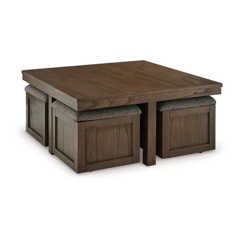 Sheesham Wood Coffee Table with Cushioned Storage Stools – Geraldene