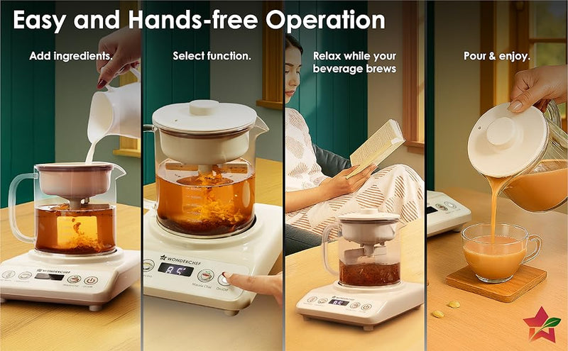 Wonderchef Chai Magic, Fully Automatic Tea & Cappuccino Maker, Make Masala Chai/Cutting Chai/Kahwa/, No Spills, No Overcooking, 4 Modes, Boil Milk/Water/Coffee, 500ML Glass Jar, 2-Yr Warranty