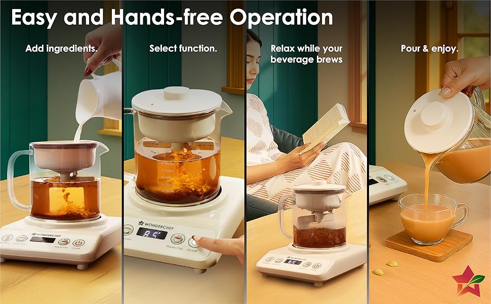 Wonderchef Chai Magic, Fully Automatic Tea & Cappuccino Maker, Make Masala Chai/Cutting Chai/Kahwa/, No Spills, No Overcooking, 4 Modes, Boil Milk/Water/Coffee, 500ML Glass Jar, 2-Yr Warranty