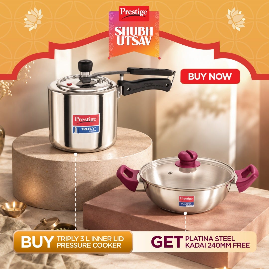 Prestige 3 Litre TRIPLY Svachh Inner Lid Pressure Cooker, Deep Lid Spillage Control, Gas & Induction + Prestige Platina Popular Stainless Steel Impact Forged Bottom Kadai with Glass Lid, 24cm, 2.8 L