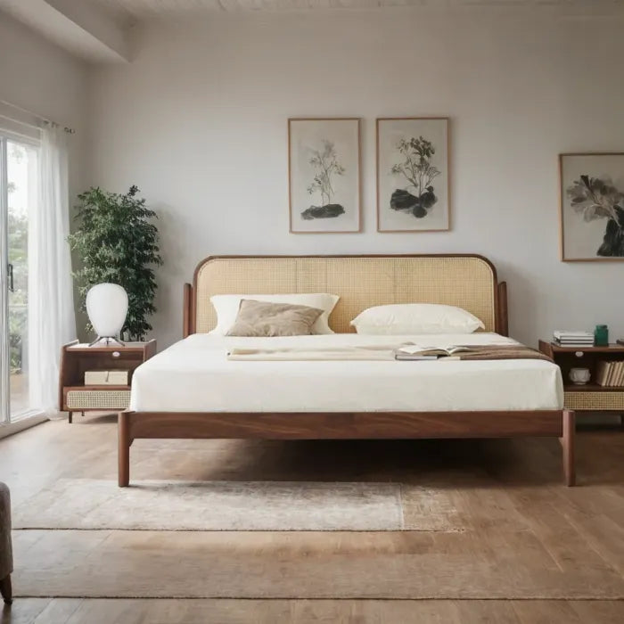 Adorn Homez Ryouta Wooden Bed with Rattan/Cane Without Storage