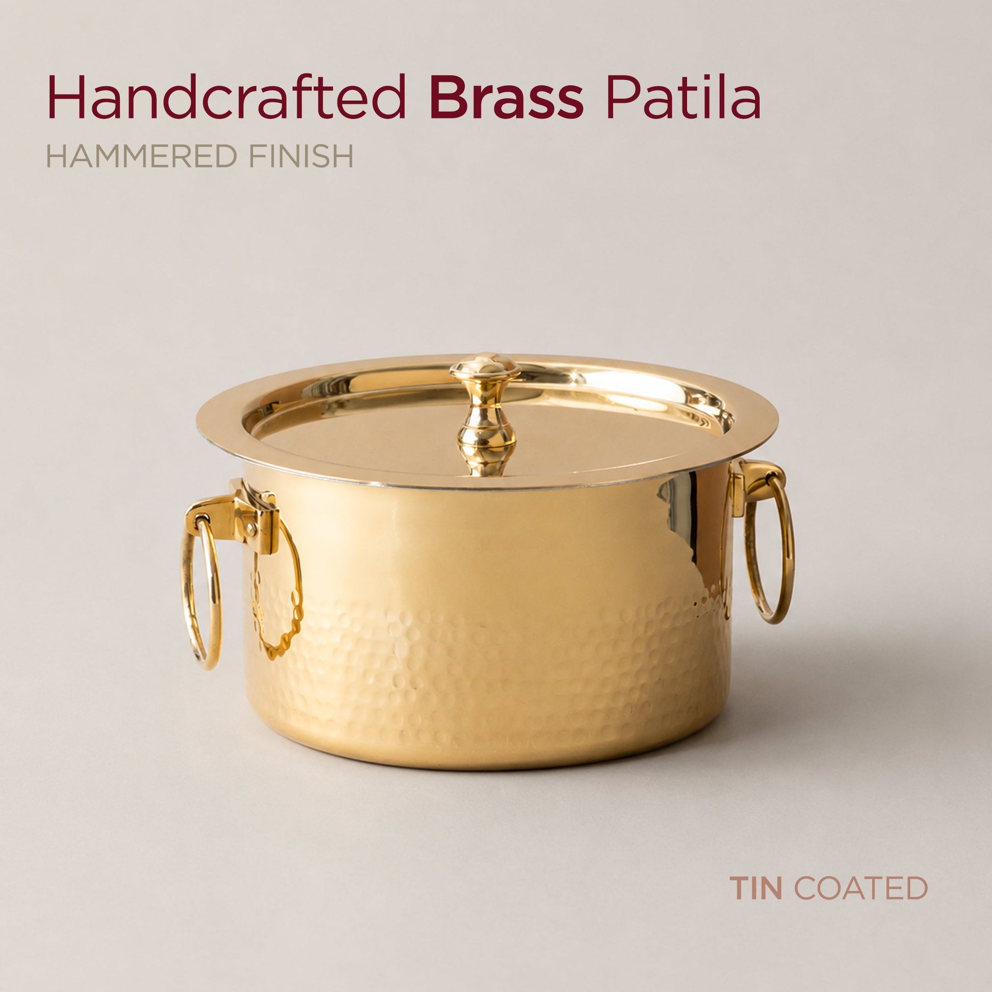 Handcrafted Brass Patila with Tin Coating 2L • Hammered Finish, Durable & Gas Compatible (पीतल का पतीला - कलई के साथ) | Total Weight: ~1 kg