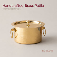 Handcrafted Brass Patila with Tin Coating 2L • Hammered Finish, Durable & Gas Compatible (पीतल का पतीला - कलई के साथ) | Total Weight: ~1 kg