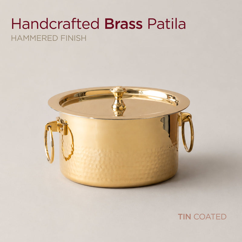 Handcrafted Brass Patila with Tin Coating 2L • Hammered Finish, Durable & Gas Compatible (पीतल का पतीला - कलई के साथ) | Total Weight: ~1 kg