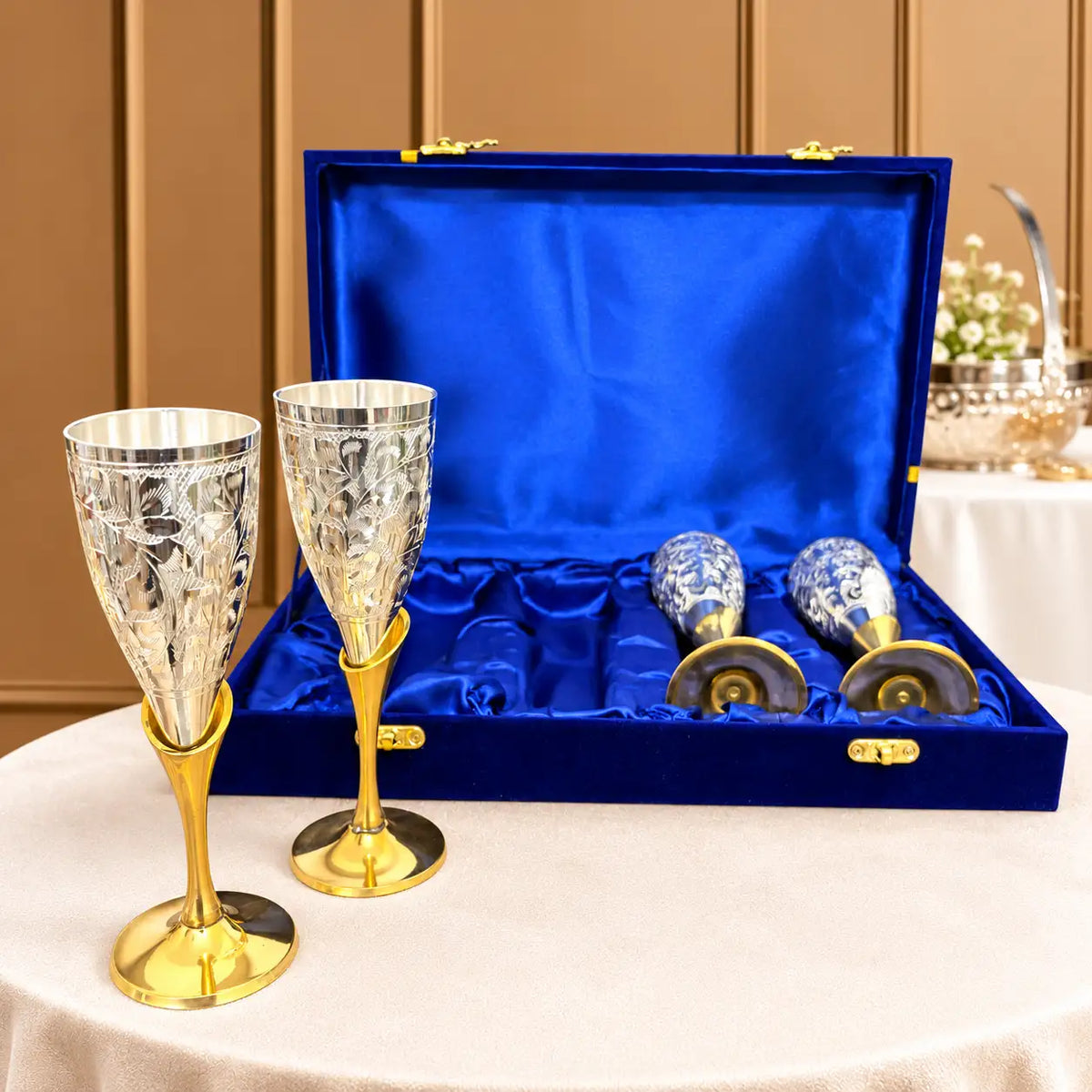 Brass Silver Plated Champagne Engraved Wine Glass Pair With Velvet Box (6.5 Inch)