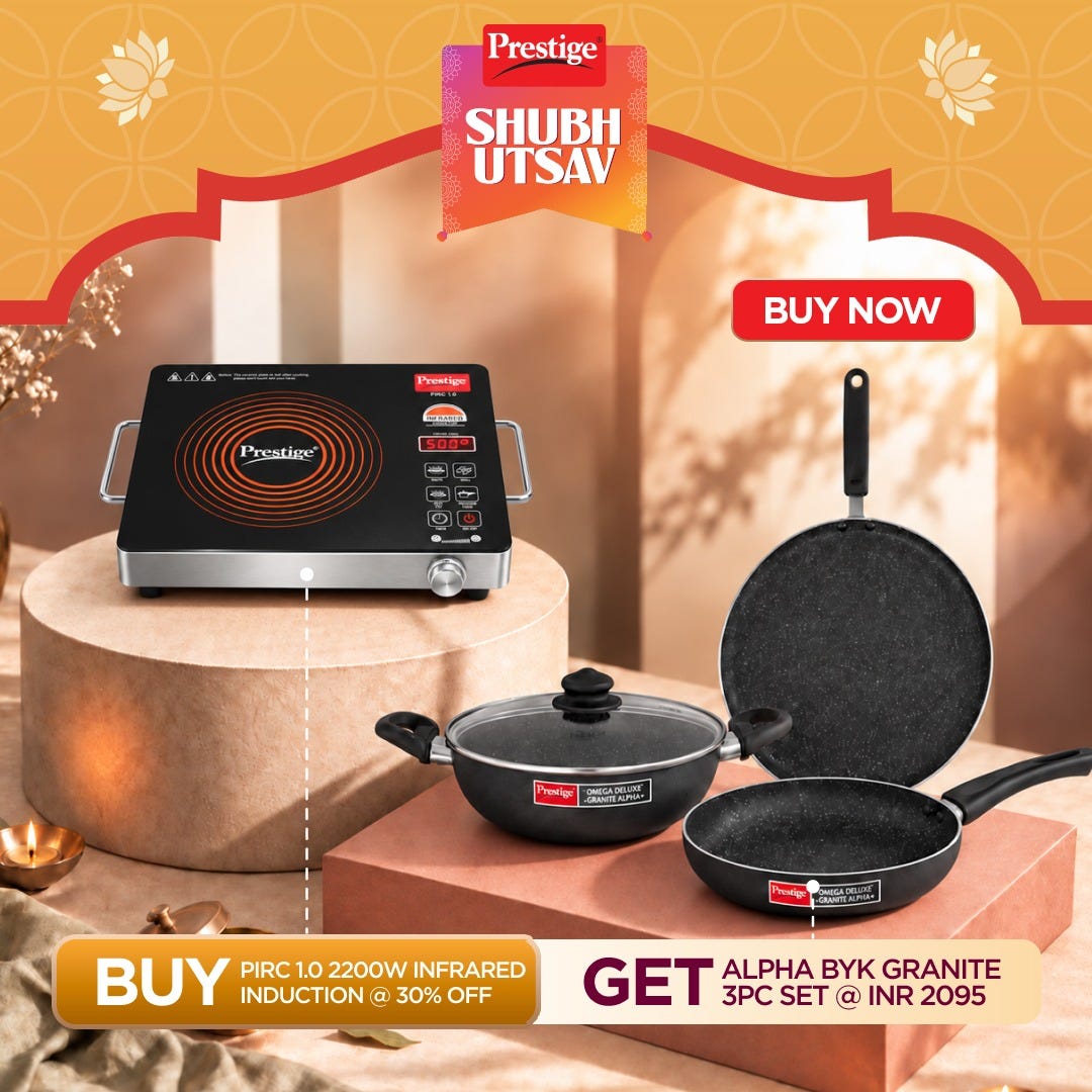 Prestige PIRC 1.0 2200W Infrared Cooktop, Indian Menus & Timer, Black + Prestige Omega Deluxe Granite Alpha 3 Pc BYK Non-Stick Set: Kadai 24cm with Glass Lid, Omni Tawa 28cm, Fry Pan 24cm