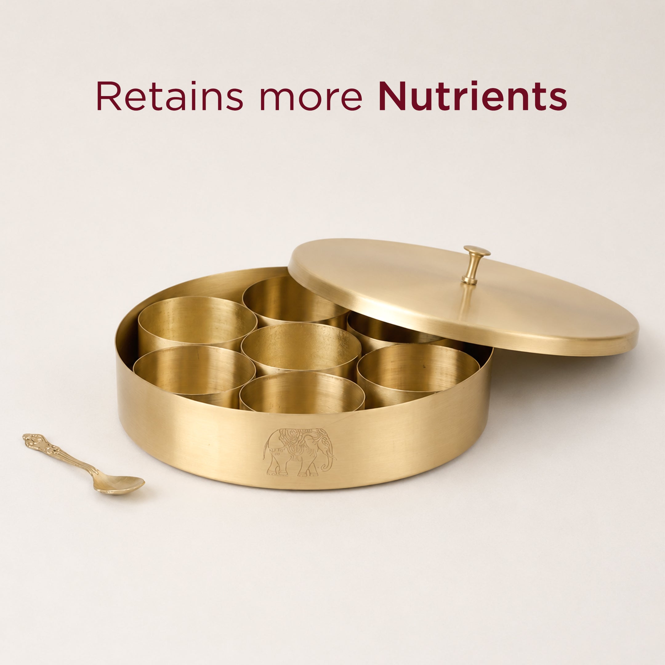Handcrafted Brass Masala Box • 7 Compartments and a Spoon (पीतल की मसाला दानी) | Total Weight: ~1.2 kg