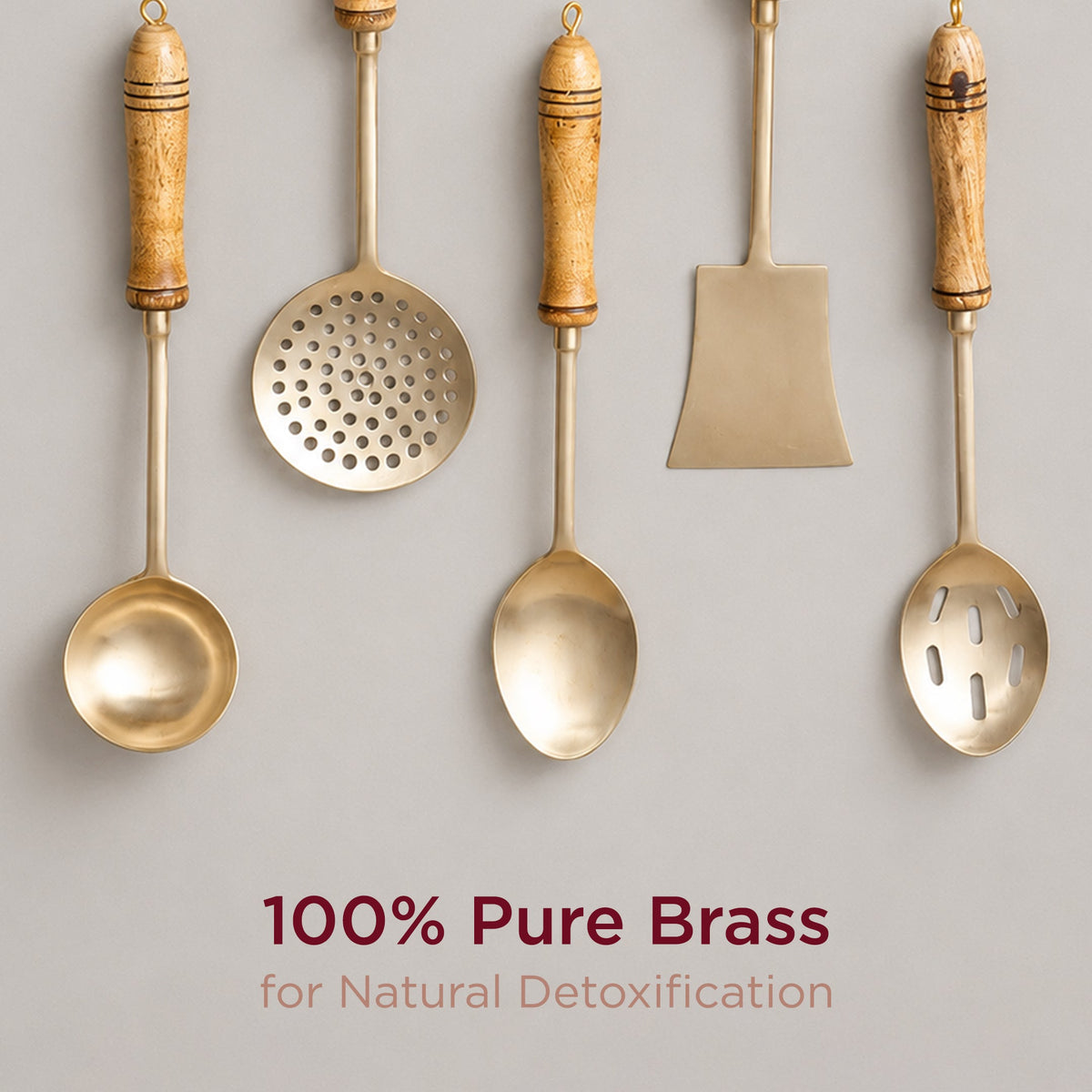 5-Piece Handcrafted Pure Brass Ladle Set •  Durable & Heat-Resistant Wooden Handles (पीतल के करछुल सेट)