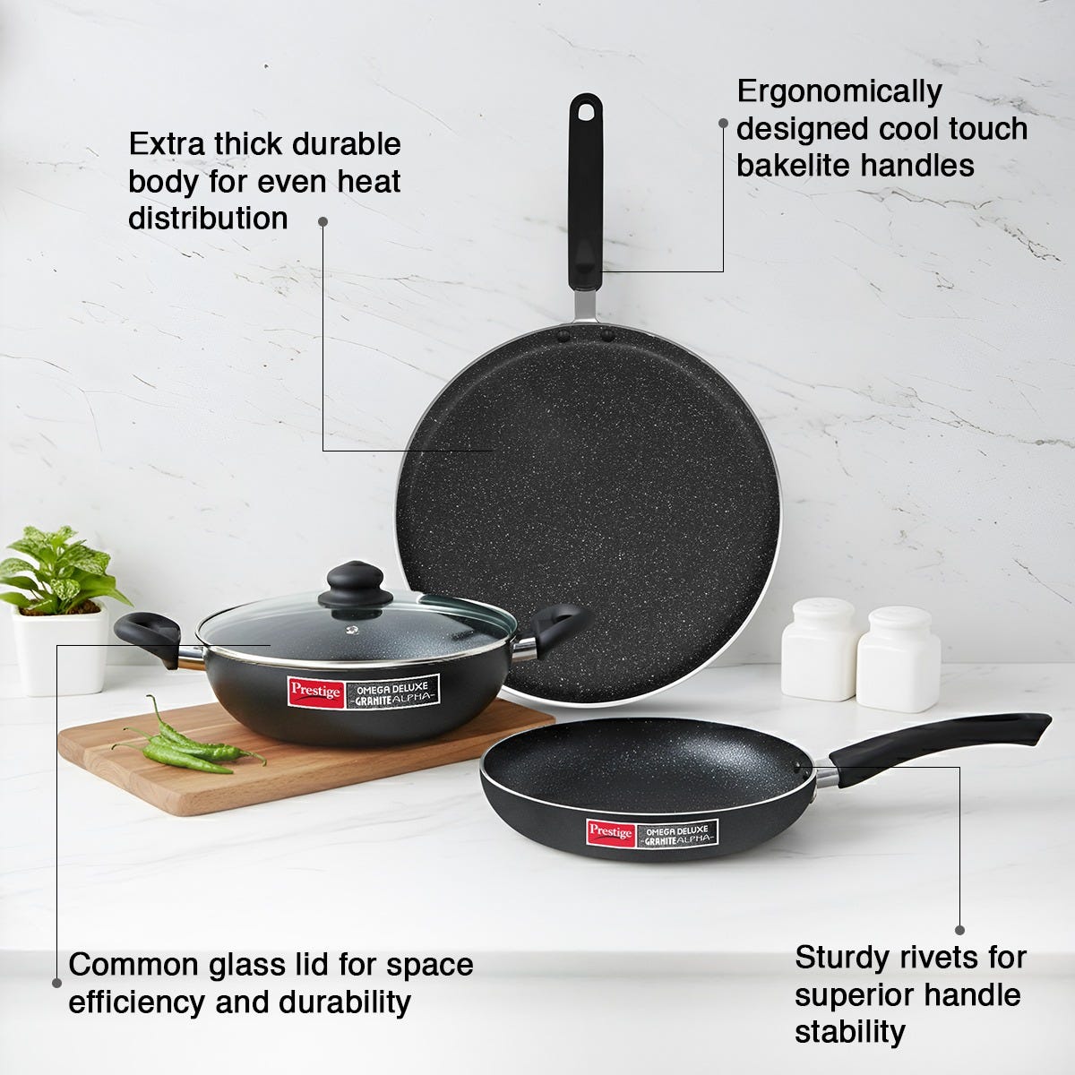 Prestige PIRC 3.0 2400W Infrared Cooktop, Indian Menus & Timer, Black + Prestige Omega Deluxe Granite Alpha 3 Pc BYK Non-Stick Set: Kadai 24cm with Glass Lid, Omni Tawa 28cm, Fry Pan 24cm