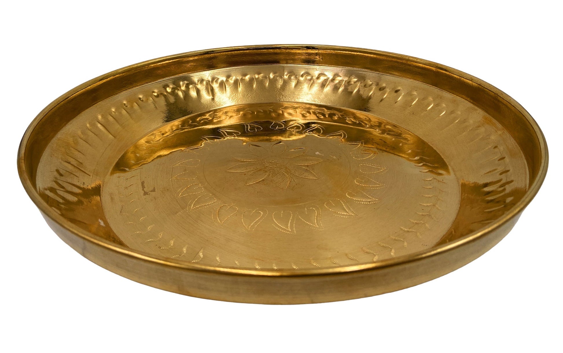 Handcrafted Brass Pooja Thali Peetal Aarti Plate Pittal Puja Thambalam Traditional Pital Worship Thali,Gold, 11.02 Inch, 1 Piece