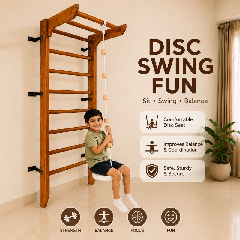 Wooden Swedish Wall Bar Ladder with Pull-Up Bar, Rope Ladder, Disc Swing & Trapeze Rings, All-in-One Family Fitness & Kids Activity Wall Combo