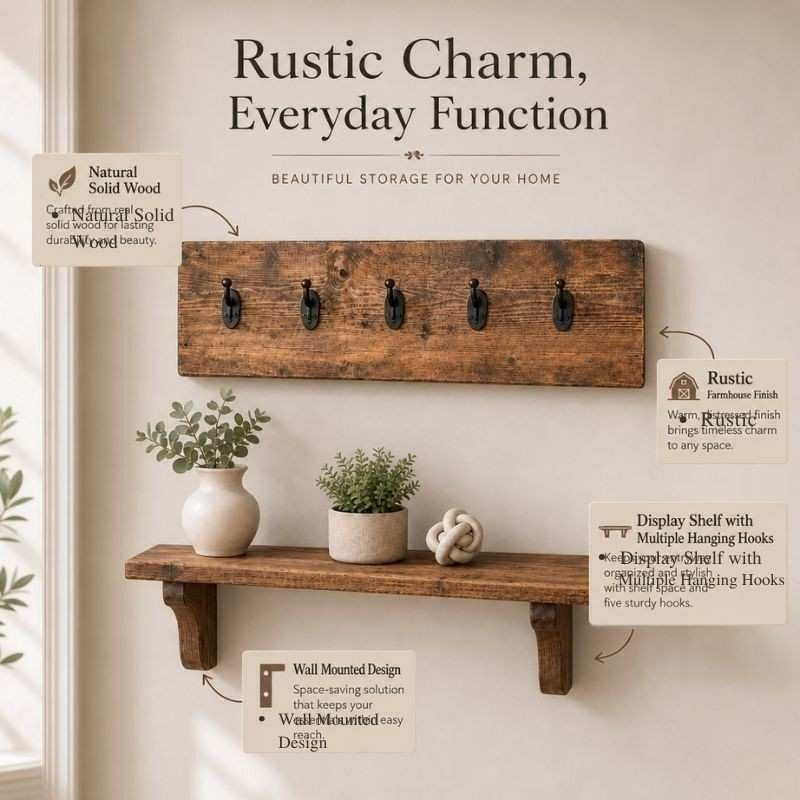 Farmhouse Wall Key Organizer with Wooden Display Shelf, Rustic Entryway Key Holder
