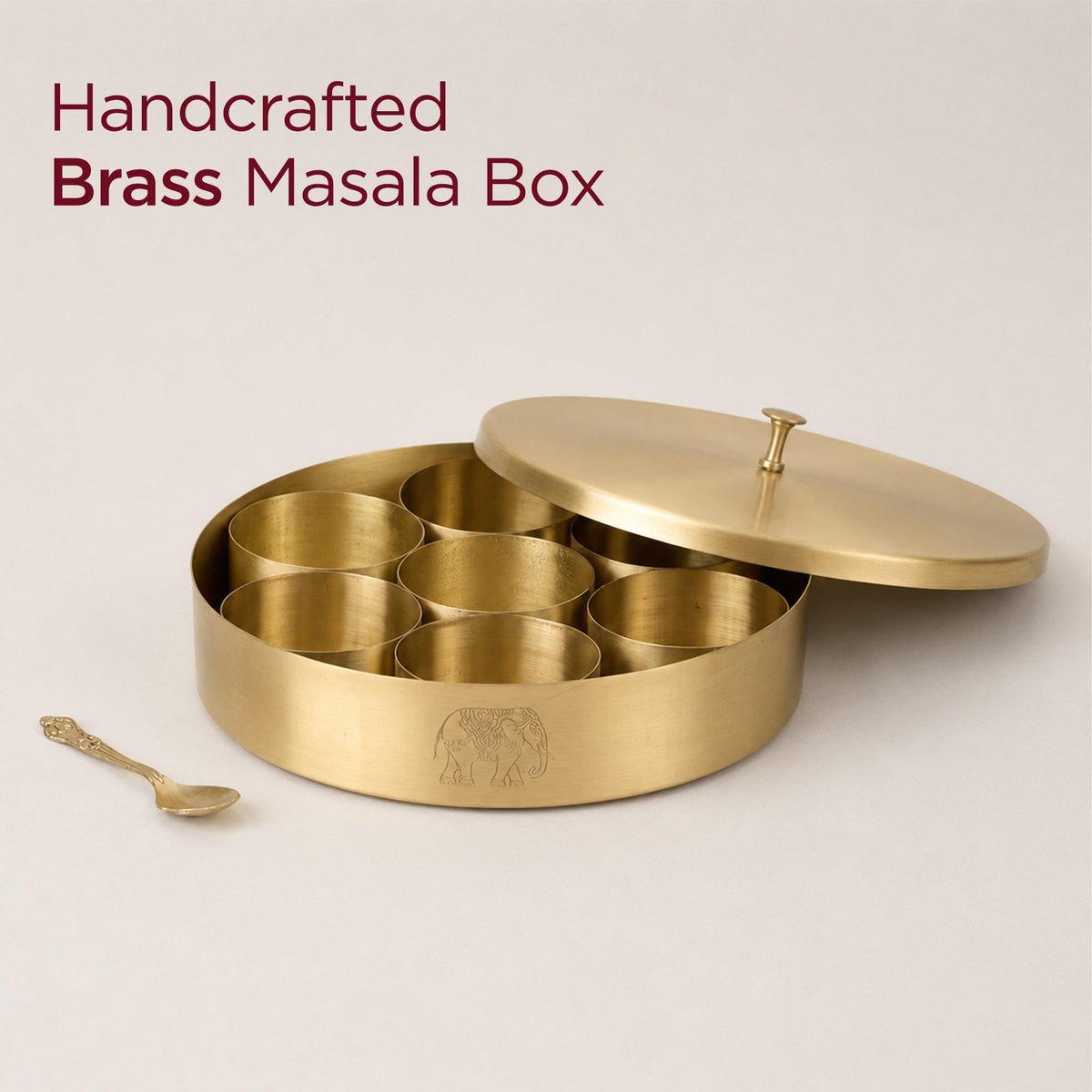 Handcrafted Brass Masala Box • 7 Compartments and a Spoon (पीतल की मसाला दानी) | Total Weight: ~1.2 kg