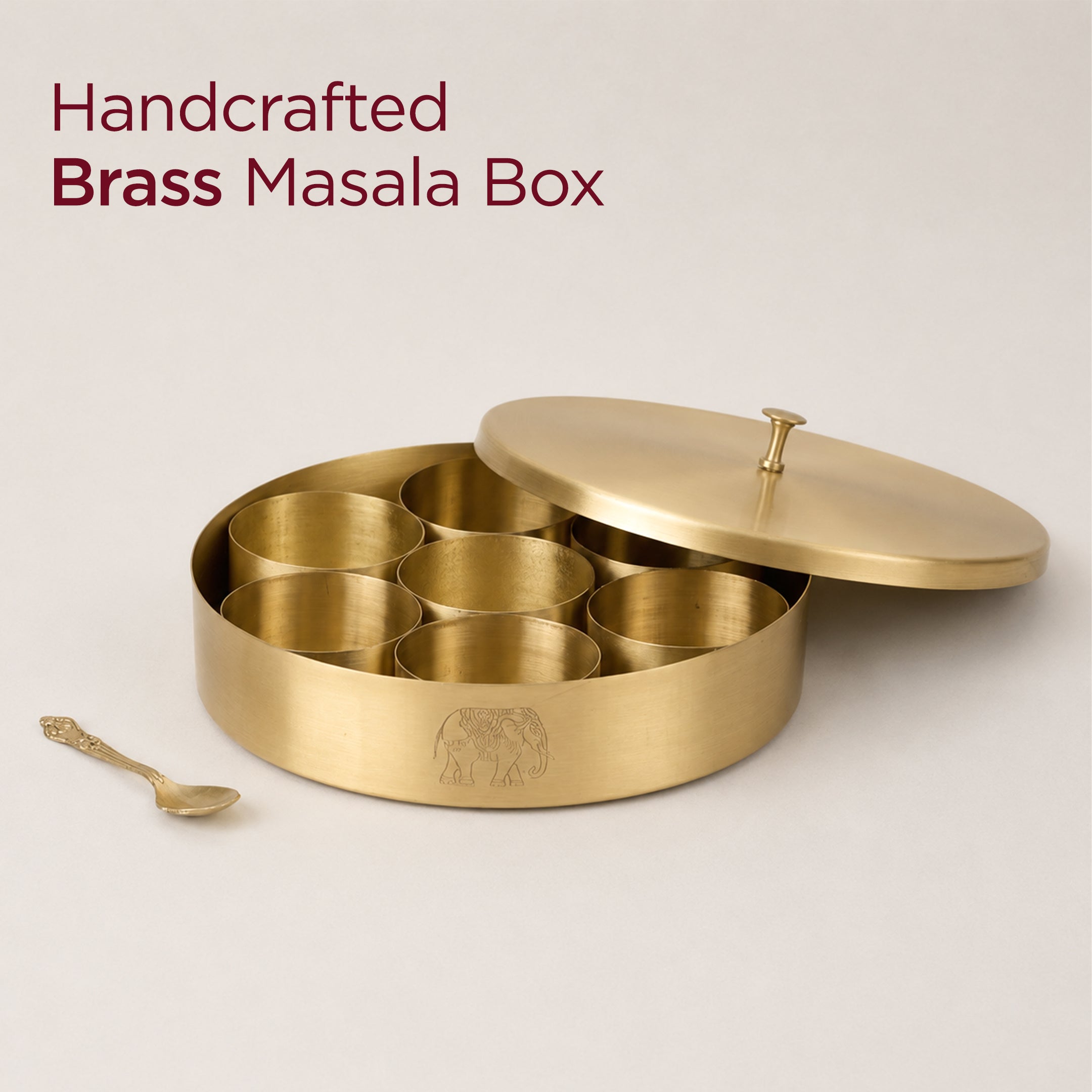 Handcrafted Brass Masala Box • 7 Compartments and a Spoon (पीतल की मसाला दानी) | Total Weight: ~1.2 kg