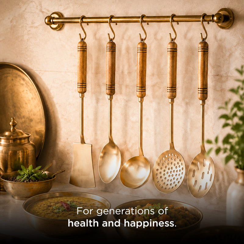 5-Piece Handcrafted Pure Brass Ladle Set •  Durable & Heat-Resistant Wooden Handles (पीतल के करछुल सेट)