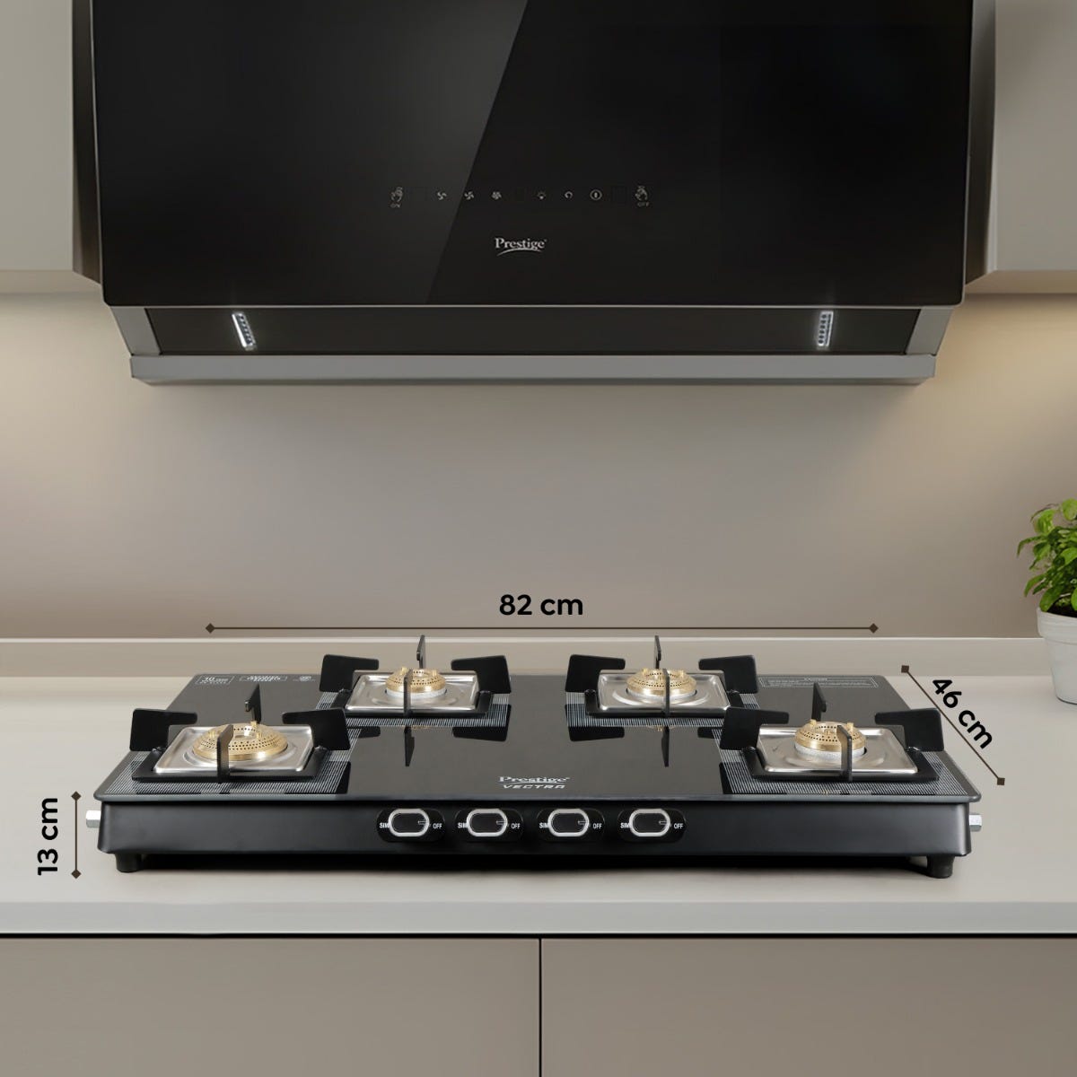 Prestige Vectra 4 Burner Glass Top Gas Stove, Toughened Glass, Jumbo Brass Burner, Black + Prestige 3 Litre TRIPLY Svachh Inner Lid Pressure Cooker, Deep Lid for Spillage Control, Gas & Induction, ISI