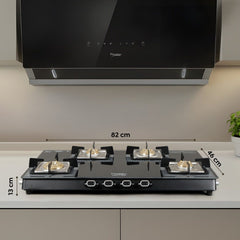 Prestige Vectra 4 Burner Glass Top Gas Stove, Toughened Glass, Jumbo Brass Burner, Black + Prestige 3 Litre TRIPLY Svachh Inner Lid Pressure Cooker, Deep Lid for Spillage Control, Gas & Induction, ISI