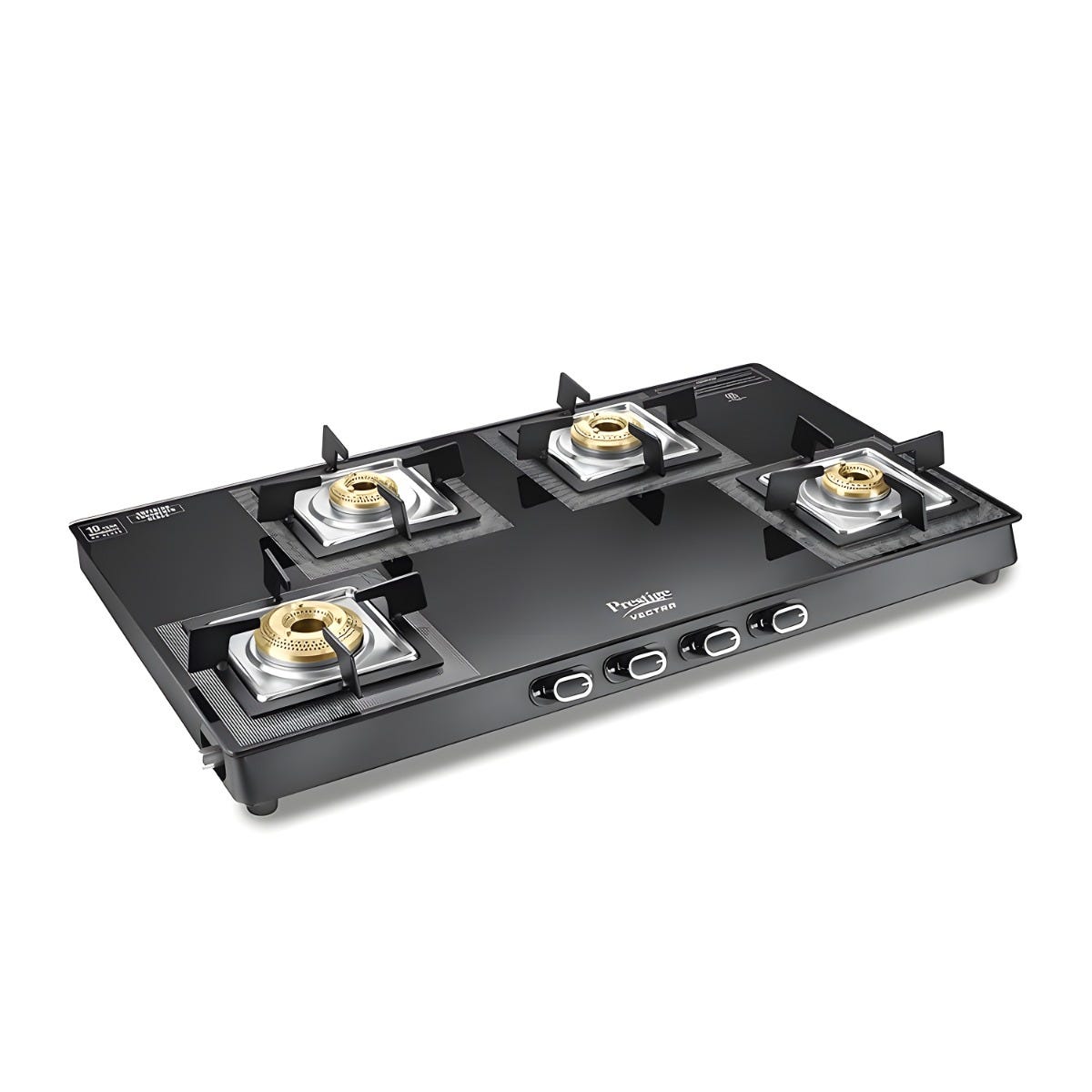 Prestige Vectra 4 Burner Glass Top Gas Stove, Toughened Glass, Jumbo Brass Burner, Black + Prestige 3 Litre TRIPLY Svachh Inner Lid Pressure Cooker, Deep Lid for Spillage Control, Gas & Induction, ISI
