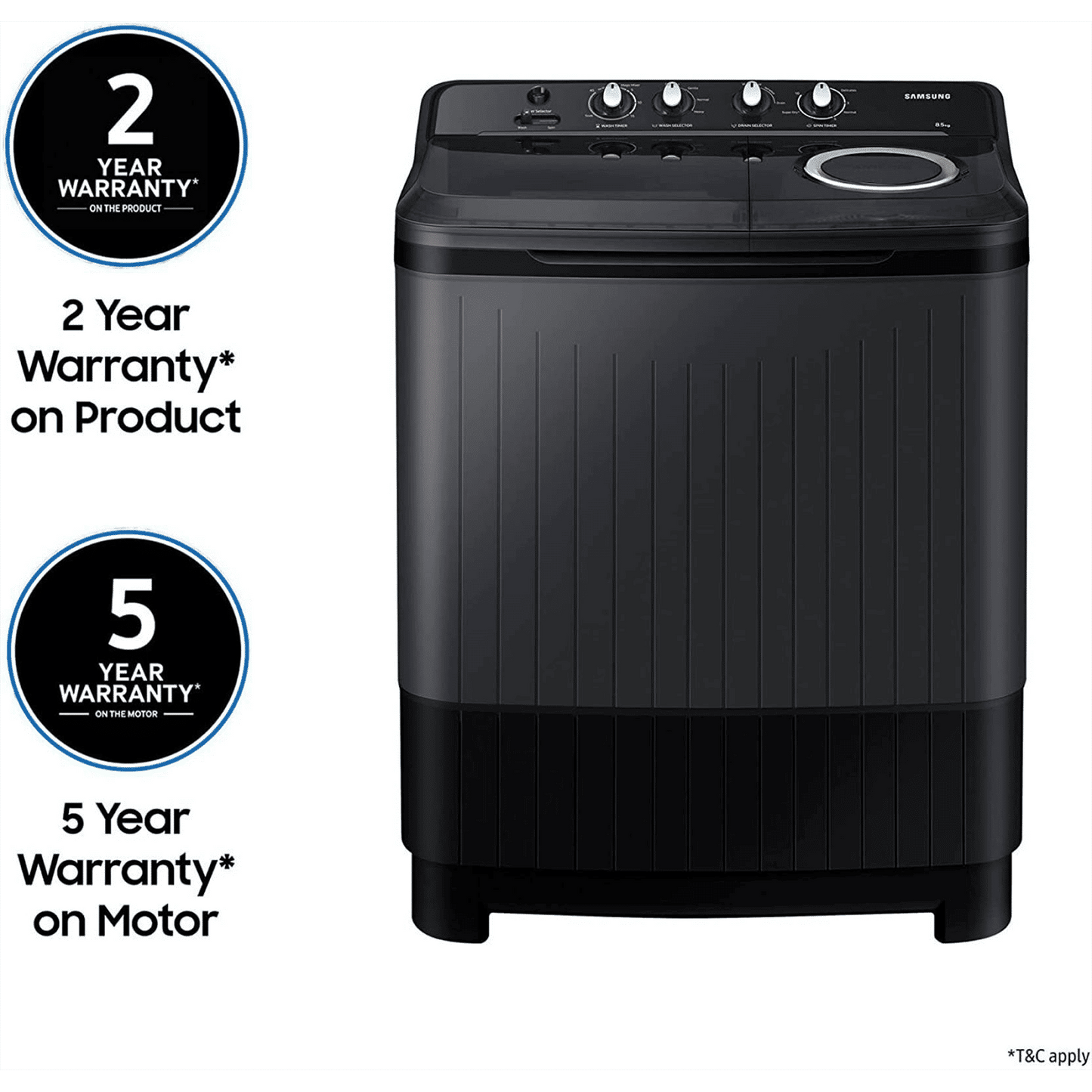 SAMSUNG 8.5 kg 5 Star Semi Automatic Washing Machine with Air Turbo Drying System (WT85B4200GD/TL, Dark Grey)