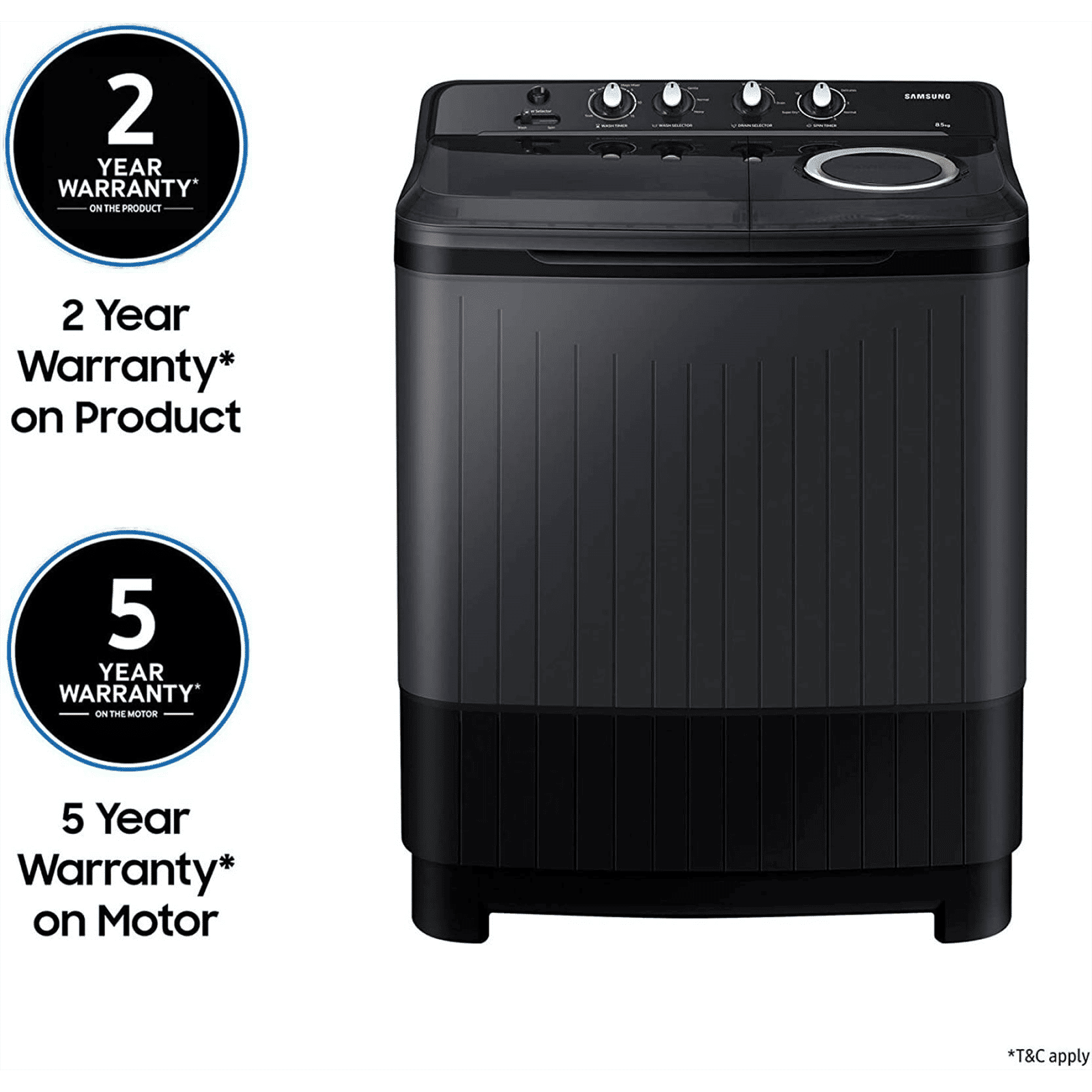 SAMSUNG 8.5 kg 5 Star Semi Automatic Washing Machine with Air Turbo Drying System (WT85B4200GD/TL, Dark Grey)