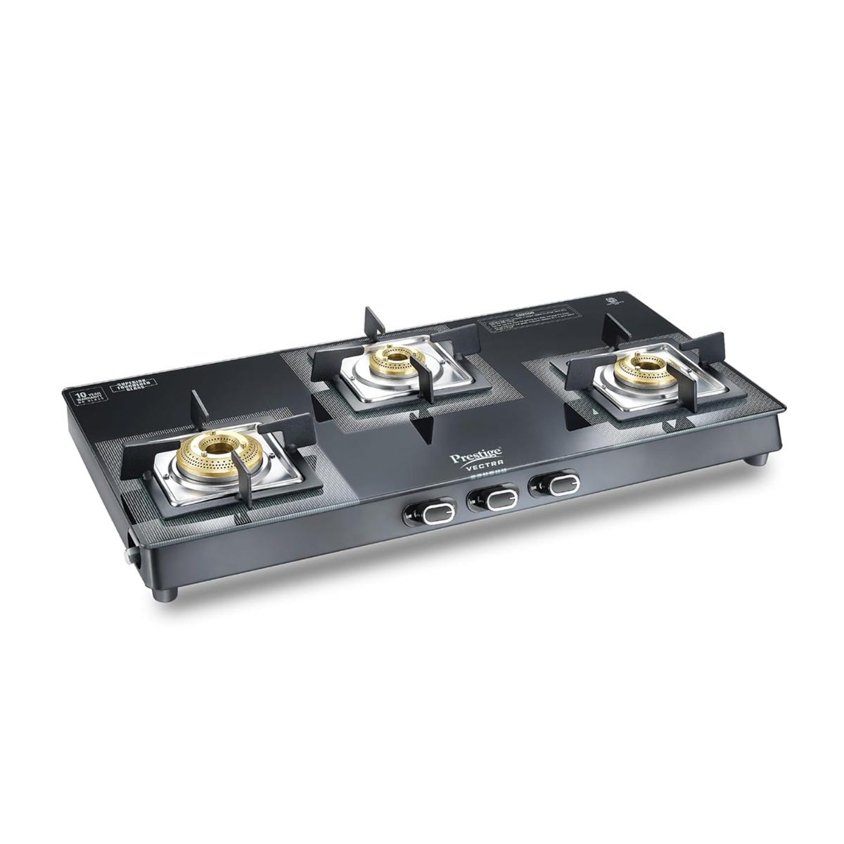 Prestige Vectra 3 Burner Glass Top Gas Stove, Toughened Glass, Jumbo Brass Burner, Black + Prestige 3 Litre TRIPLY Svachh Outer Lid Pressure Cooker, Deep Lid for Spillage Control, Gas & Induction, ISI