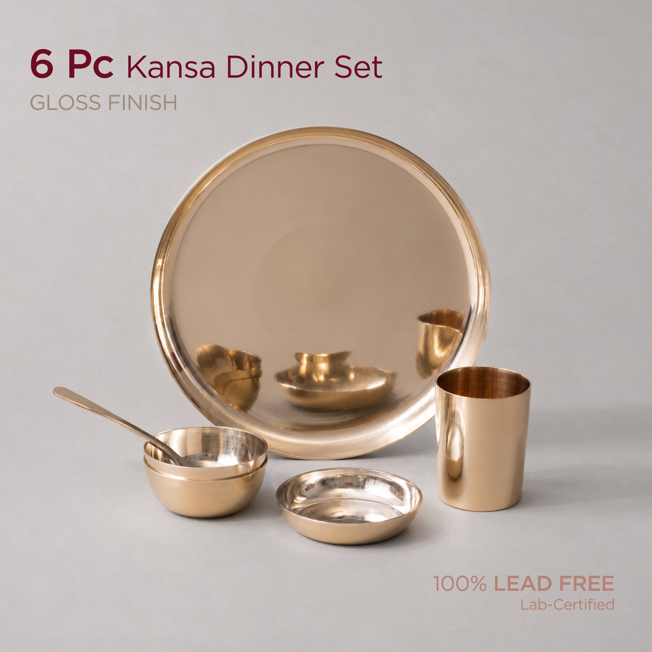 6-Piece Pure & Authentic Kansa Dinner Set • Gloss Finish • Serves 1 • 100% Lead-Free (कांसे का डिनर सेट)