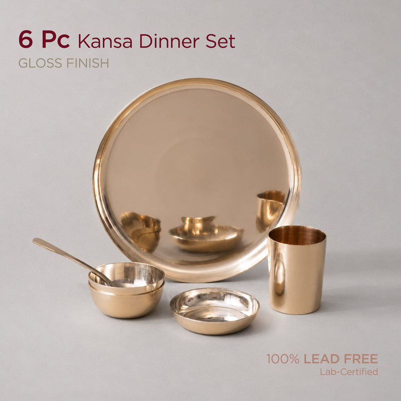 6-Piece Pure & Authentic Kansa Dinner Set • Gloss Finish • Serves 1 • 100% Lead-Free (कांसे का डिनर सेट)