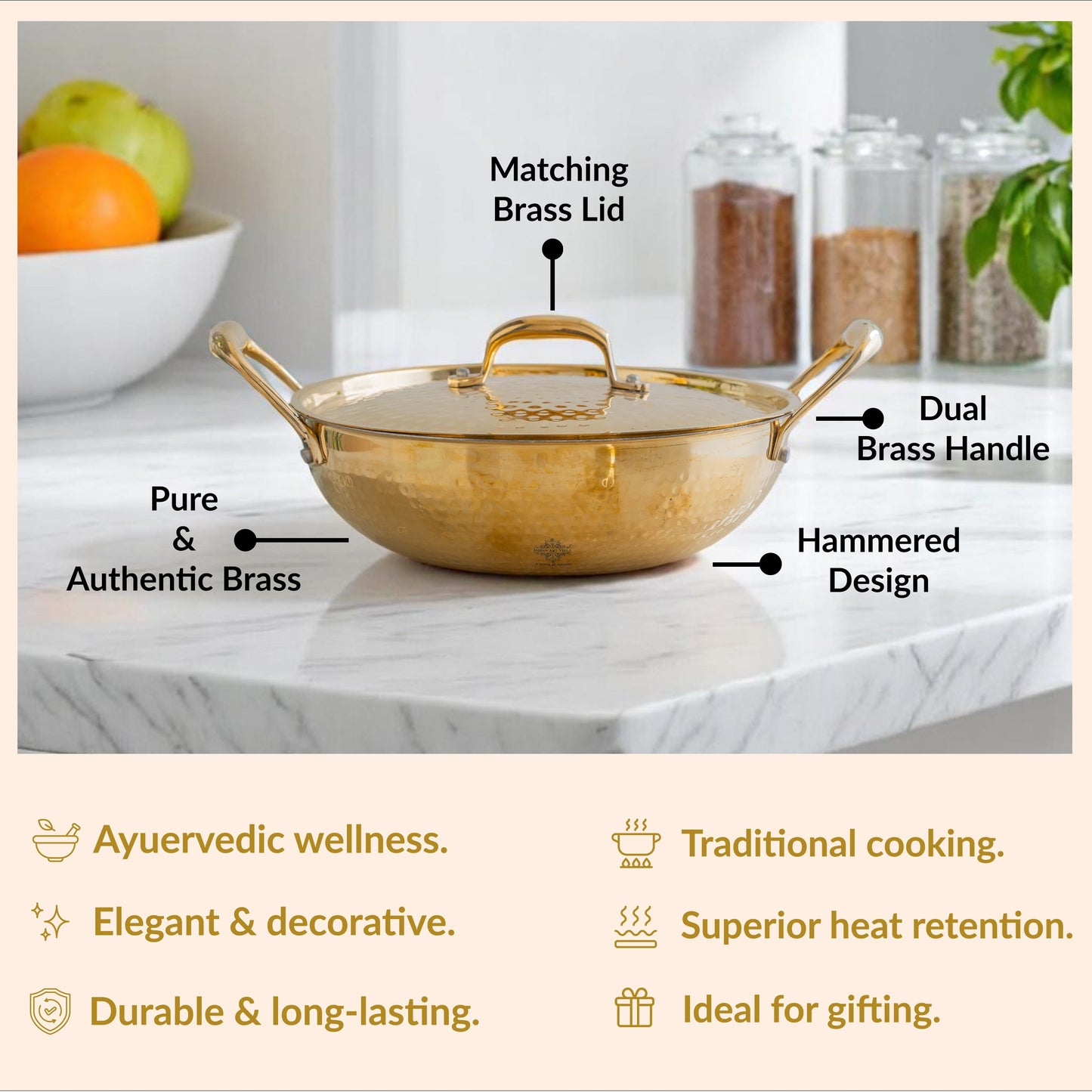 Pure Brass Hammered Kadhai with Lid & Tin lining- Durable & Stylish