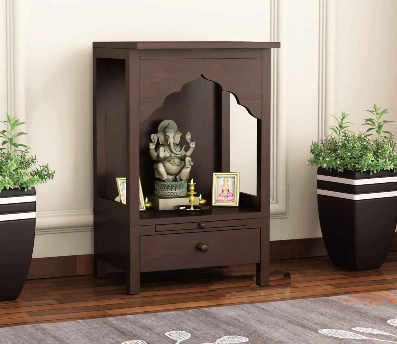 Heritage Arch Solid Wood Home Temple with Storage Drawer