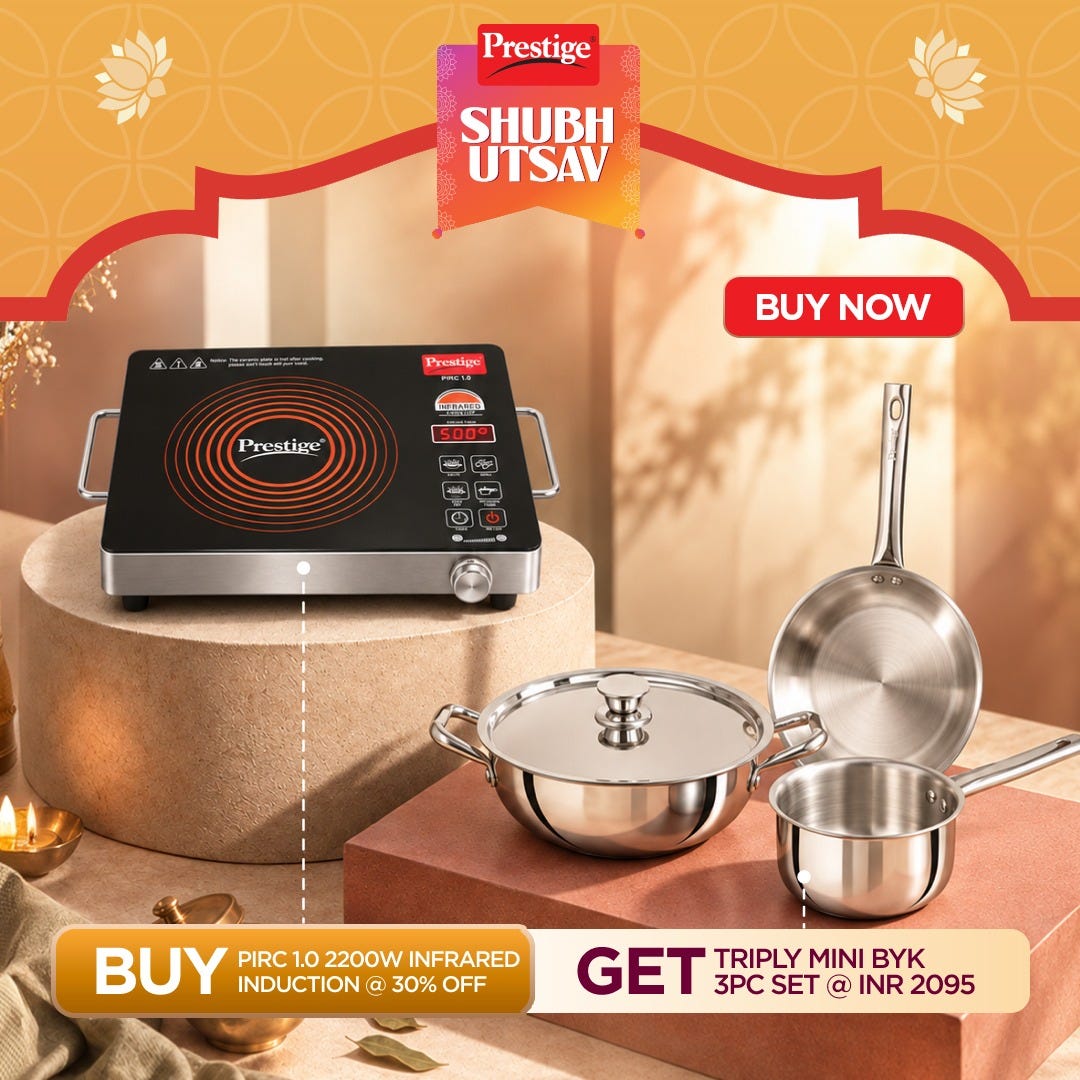Prestige PIRC 1.0 2200W Infrared Cooktop, Indian Menus & Timer, Flat-Bottom Cookware, Black + Prestige TRIPLY Splendid 4 Pc Cookware Set: Fry Pan 22cm, Kadai 22cm, Saucepan 14cm, SS Lid 24cm