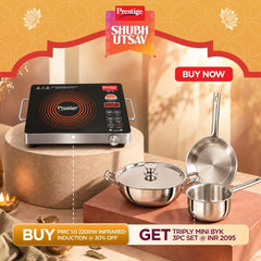 Prestige PIRC 1.0 2200W Infrared Cooktop, Indian Menus & Timer, Flat-Bottom Cookware, Black + Prestige TRIPLY Splendid 4 Pc Cookware Set: Fry Pan 22cm, Kadai 22cm, Saucepan 14cm, SS Lid 24cm