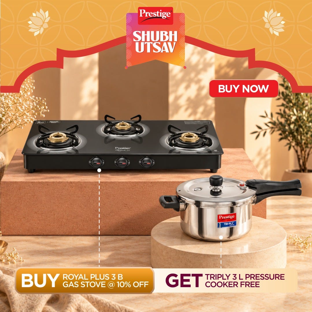 Prestige Royale Plus GT 03 Toughened Black Glass Top Gas Stove + Prestige 3 Litre TRIPLY Svachh Outer Lid Pressure Cooker, Deep Lid for Spillage Control, Gas & Induction Compatible, 5Y Warranty, ISI
