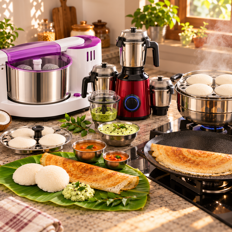 Wet Grinder + Mixer Power Pair Combo | Elgi Ultra Grind+ Gold 2 L Wet Grinder + Atomberg Zenova BLDC Mixer Grinder (Red Wine) + Praylady Idli Kadai + Prestige Dosa Tawa 30 cm-2