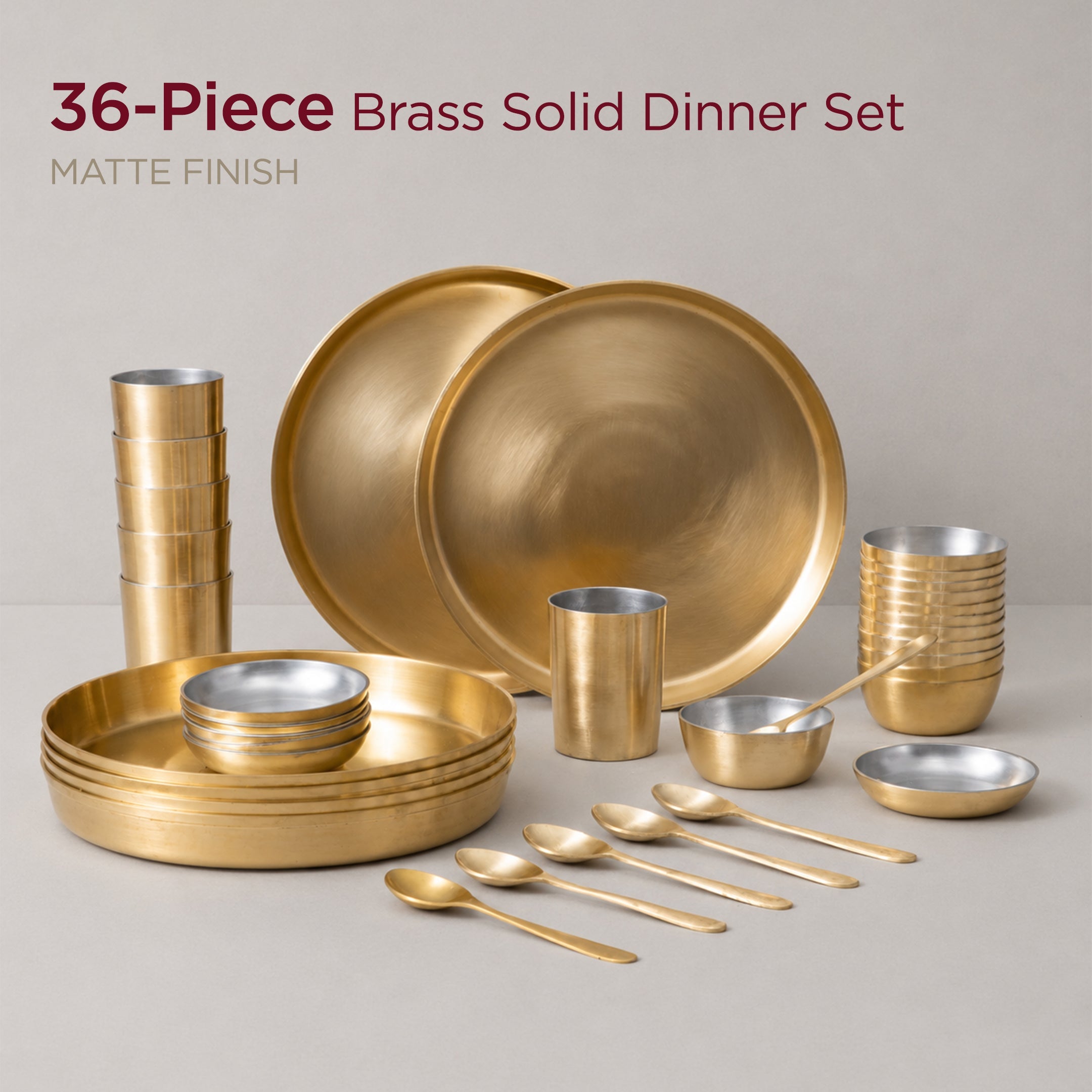 36-Piece Brass Solid Dinner Set • Matte Finish • Serves 6 (पीतल का डिनर सेट)