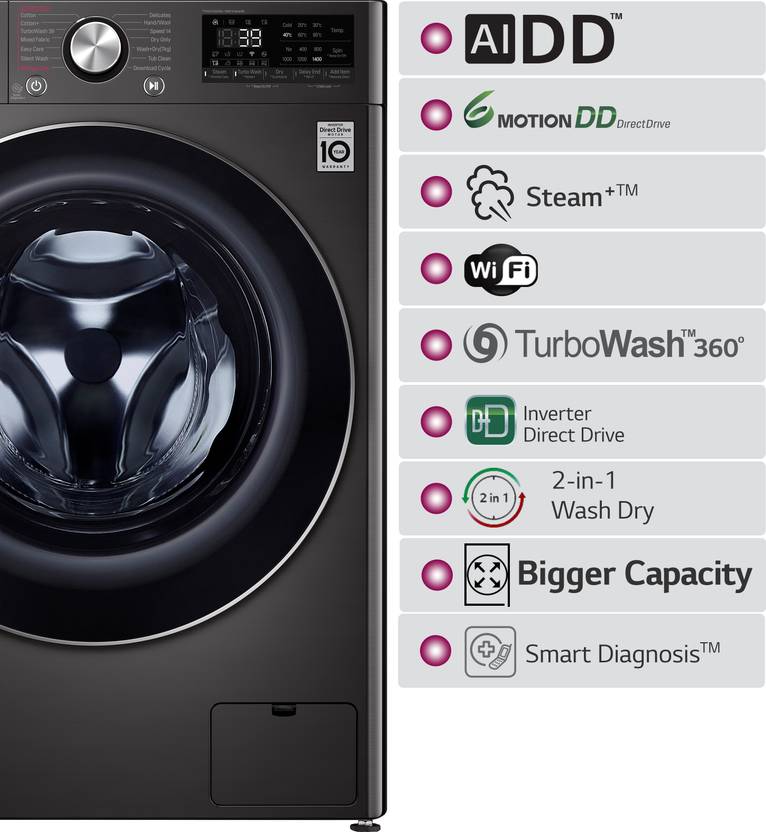 LG 10.5/7 kg Washer with Dryer with Inverter,AI Direct Drive Technology Ready to Wear Clothes with In-built Heater Black (FHD1057STB/F4V9RCP2E)-4