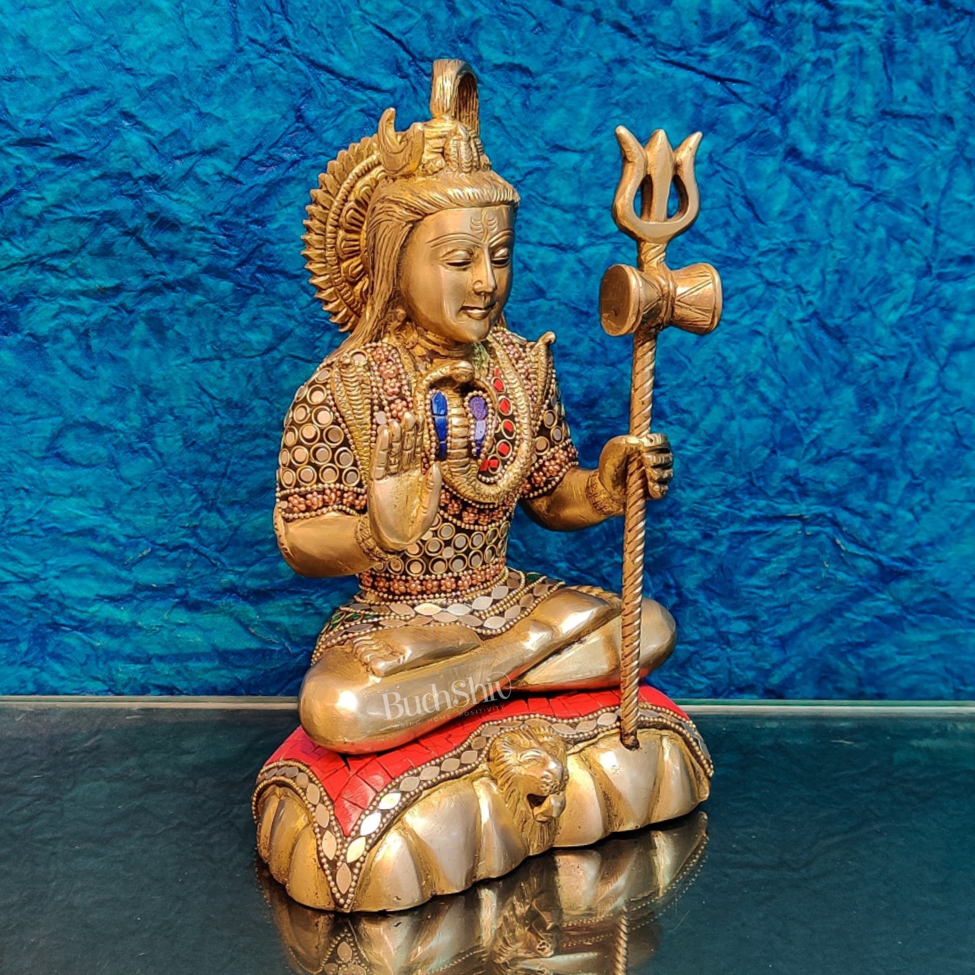 Fine Quality Brass Blessing Lord Shiva Idol | Handcrafted with Natural Stones 10 "