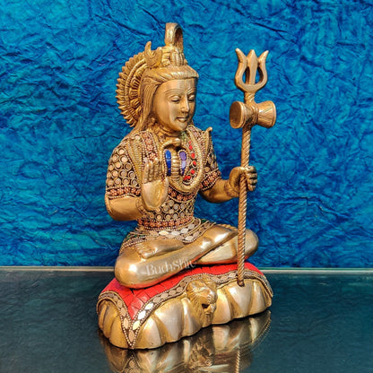 Fine Quality Brass Blessing Lord Shiva Idol | Handcrafted with Natural Stones 10 "