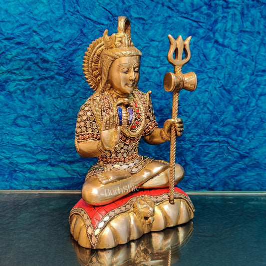 Fine Quality Brass Blessing Lord Shiva Idol | Handcrafted with Natural Stones 10 "