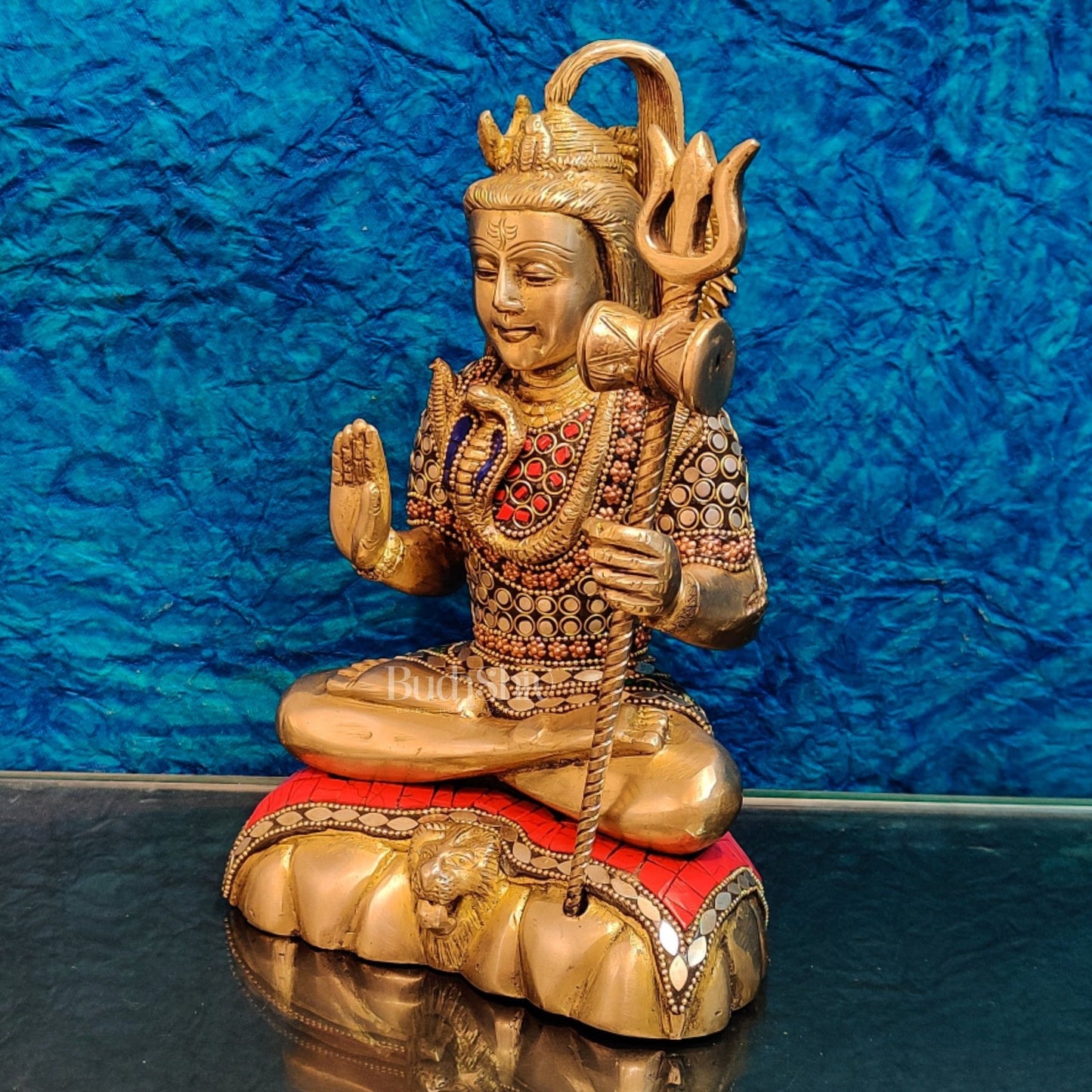 Fine Quality Brass Blessing Lord Shiva Idol | Handcrafted with Natural Stones 10 "